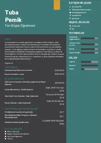 Fen Bilgisi Öğretmeni CV Örnekleri cv indir
